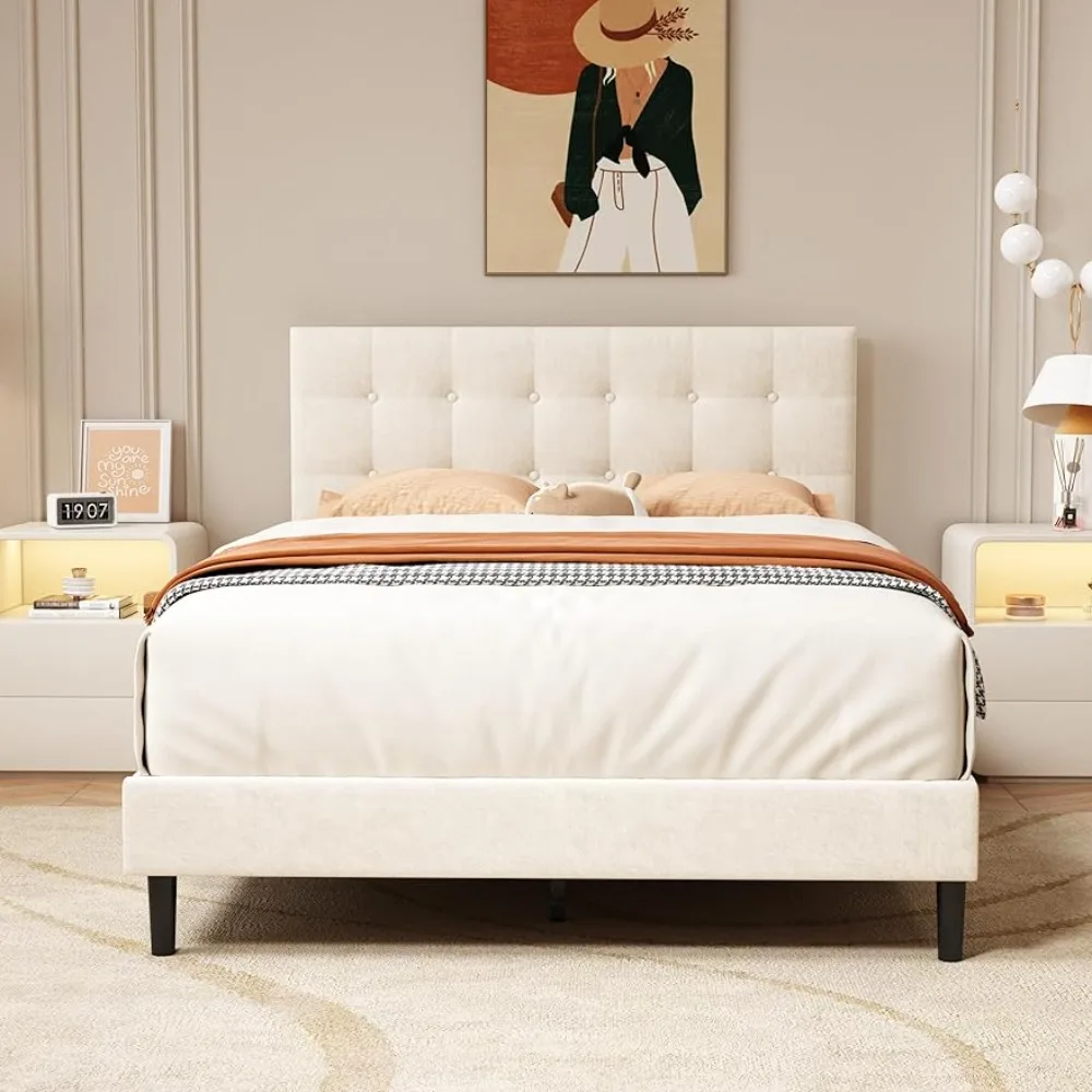 

Upholstered Platform Bed Frame with Button Tufted Velvet Headboard Wood Slat Support Easy Assembly No Box Spring Needed