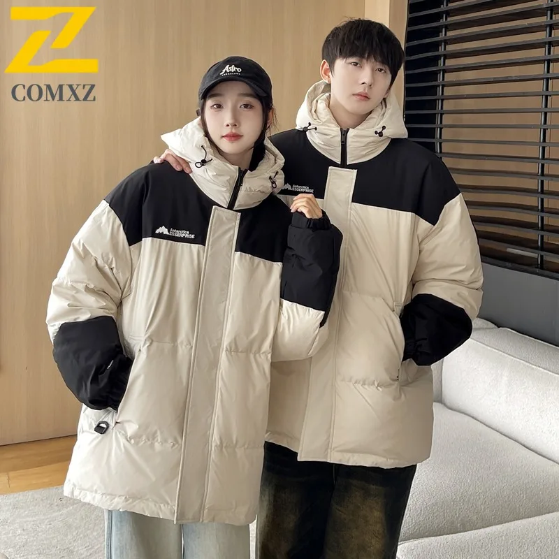 COMXZ Men Bread Jacket Block Color Hong Kong Fashion Brand Loose Thick Warm Travel Padded Jacket Snowy Minimalist Winter Jacket