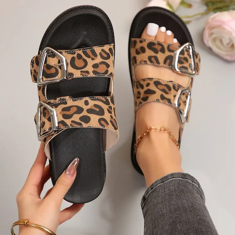 Low Leopard Shoes Slippers Women Summer Big Size Platform Slides Pantofle 2024 PU Fabric Buckle Strap Rome Rubber Hoof Heels