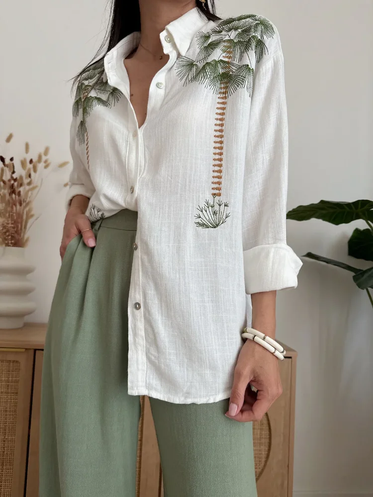 

Casual Green Print Shirts Set Women Loose Single Breasted Blouses Pleated Drawstring Wide Leg Pants Summer Lady Outfit
