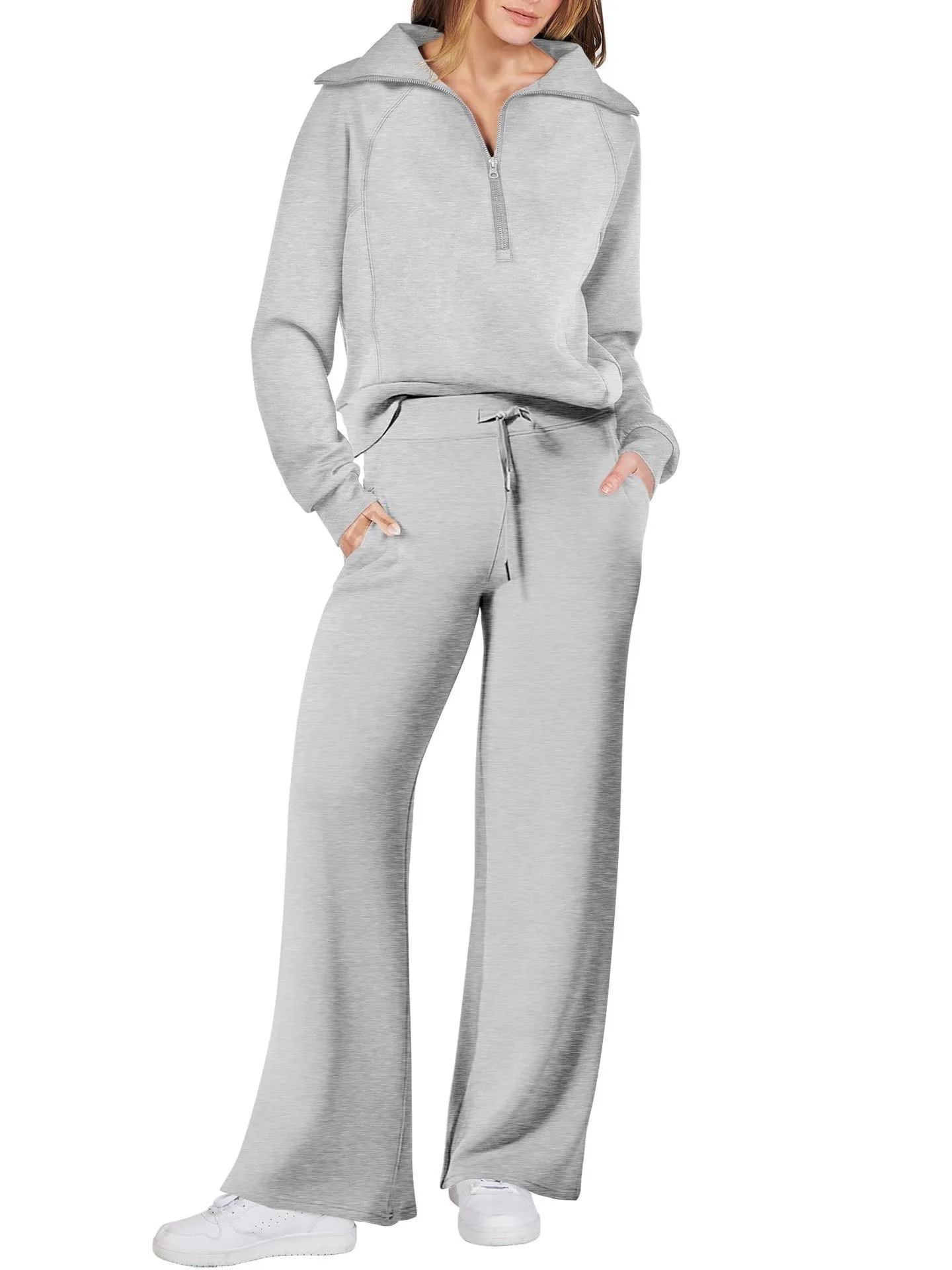 Pant Sets Solid Pullover Women Sweatshirts Wide Leg Pants Two Pieces Tracksuit Pockets Sports Casual Hoodies Solid Loose