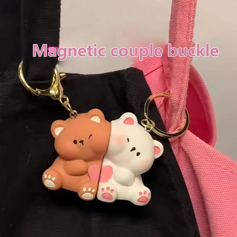 LLavero de succión magnética con bonito oso de amor de dibujos animados, colgante, bolsa creativa, accesorios de decoración, llavero Kawaii para pareja, regalos, 1 par