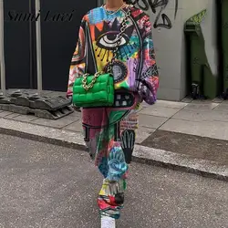 Tuta sportiva casual da donna Moda Harajuku Stampa O Collo Top e pantaloni a matita Set Felpa con cappuccio autunnale Tuta Set da due pezzi