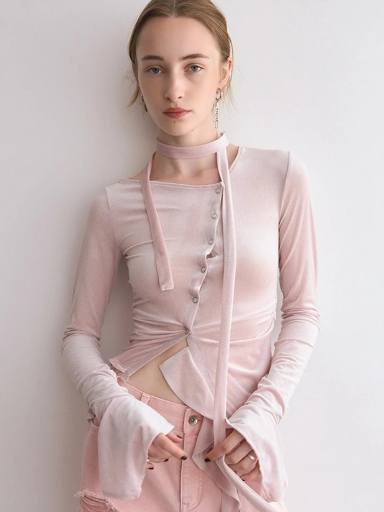 FDYOUI Women's Vintage Diagonal Collar Velvet T-shirts Evening Party Club Tops Tees Ladies Bandage Buttons Ruffles Pink T Shirt