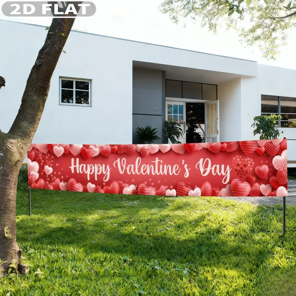 2D FLAT 1pc Happy Valentine's Day Party Banner - 120x20 Inch | Red & Pink Heart Valentines Yard Banner For Outdoor Decor