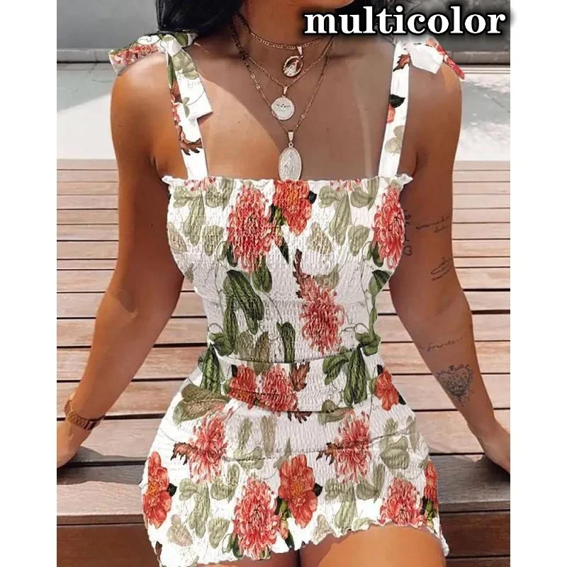 Women Fashion S-3XL Suspenders Sleeveless Printing Smocked Bodycon Dress Female Slim Strapless Mini Dresses Ladies Short Party