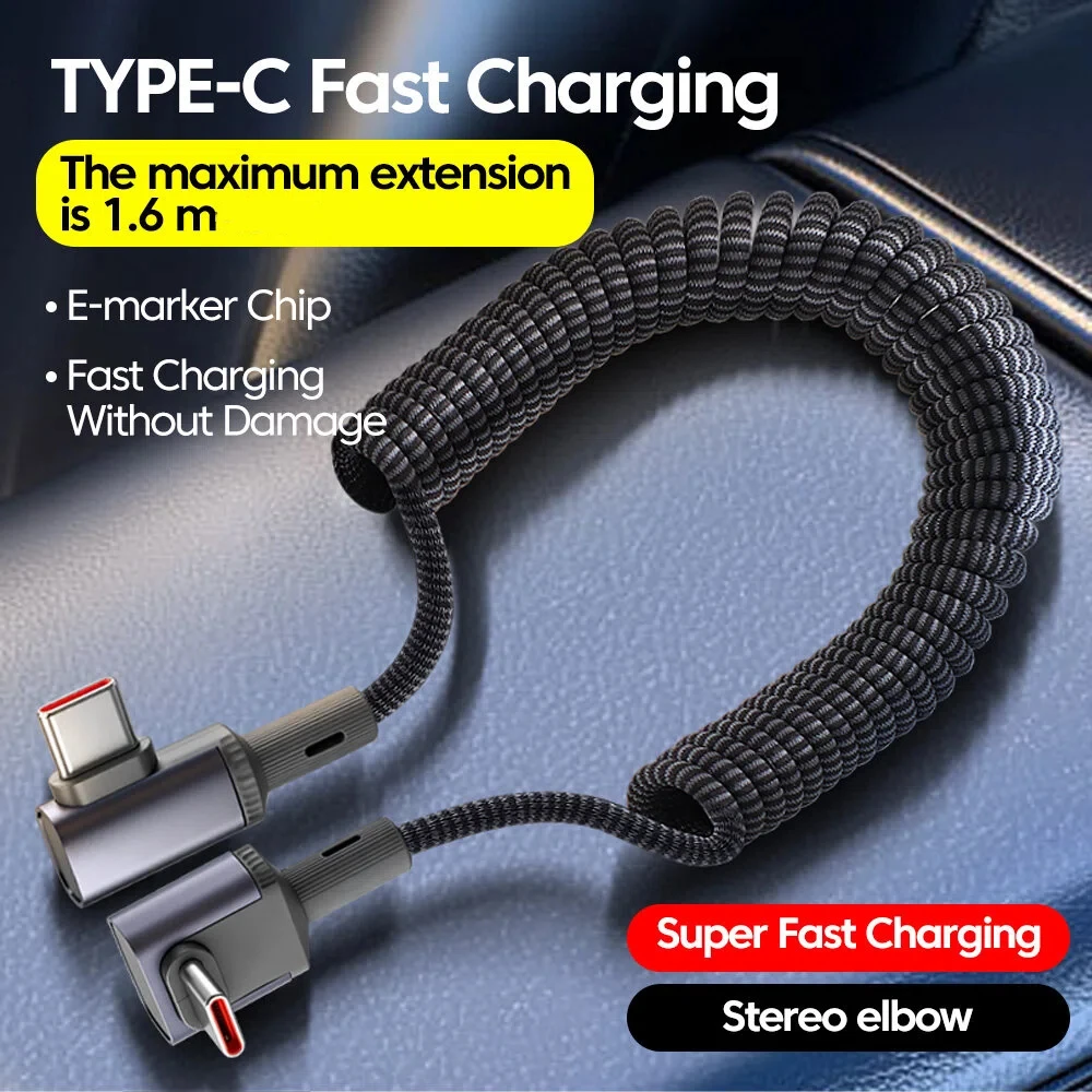 100W Car Spring USB Type C To Type C Cable 90° Elbow USB C Fast Charging Data Cable For iphone 17 16 15 Phone Tablet Laptop