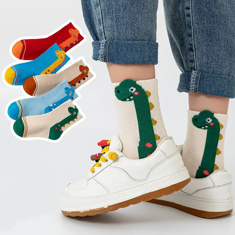 5 Paar Kindersocken mit Cartoon-Dinosaurier-Muster, bequeme Kindersocken für Jungen und Mädchen – Detail 3