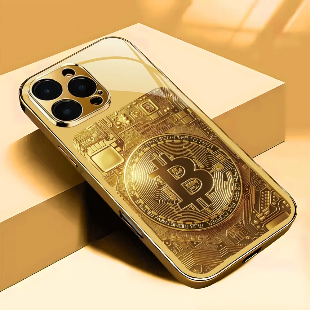 

Gold Circuit Board Bitcoin, Light Luxury Electroplated Glass Phone Case For iPhone 17/16/16 Pro Max/15/15 Pro/15 Pro max/14/13