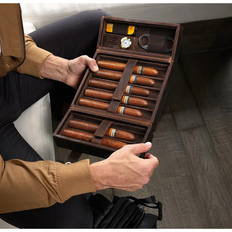 Vintage Crazy Horse Leather Clasp Cigar Storage Box with Flip Cover, Portable Genuine Leather Humidifying Cigar Case for Export - view 5