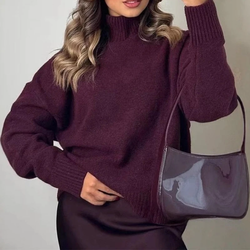Dames Vintage Bordeaux Coltrui Casual Gebreide Trui Met Lange Mouwen Herfst Winter Dames Effen Warme Truien