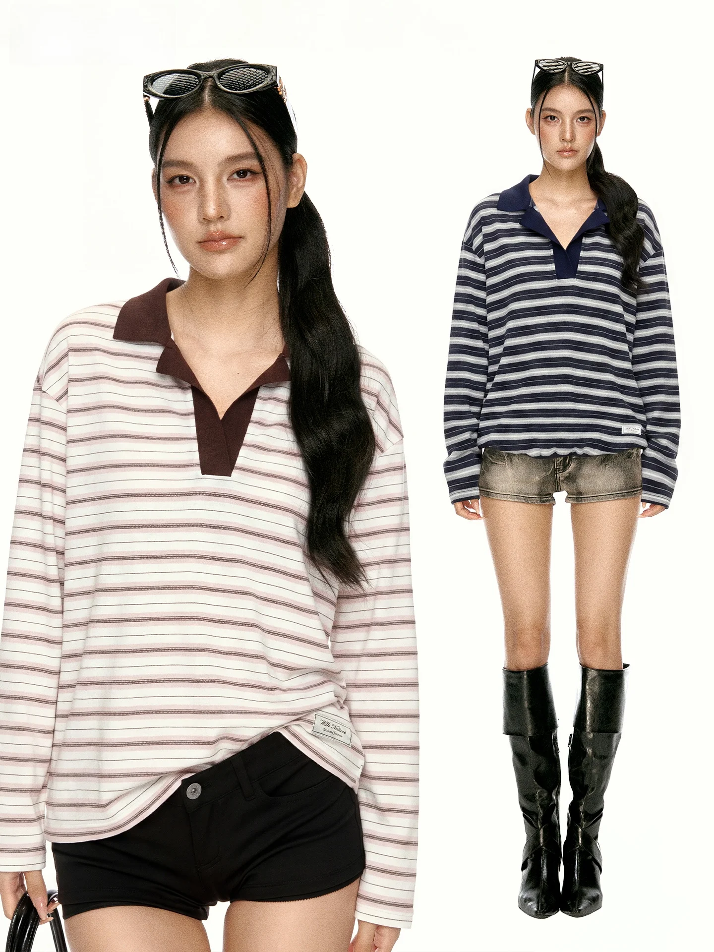 High-Thread Count Brushed Cotton Knitted  Collar T-Shirt Women's Initial Autumn Design Color Block Striped Loose Top