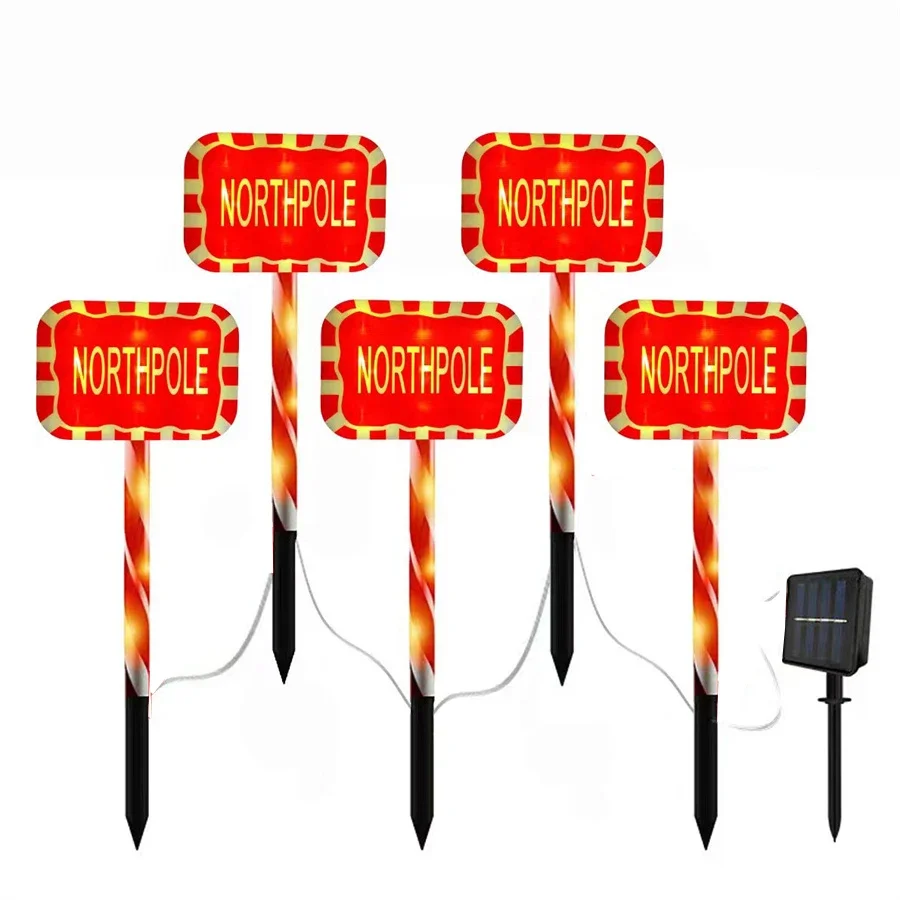 5 IN 1 Solar Powered North Pole Sign Light Outdoor Solar Christmas North Pole Sign Lamps Candy Cane Solar Pathway Light