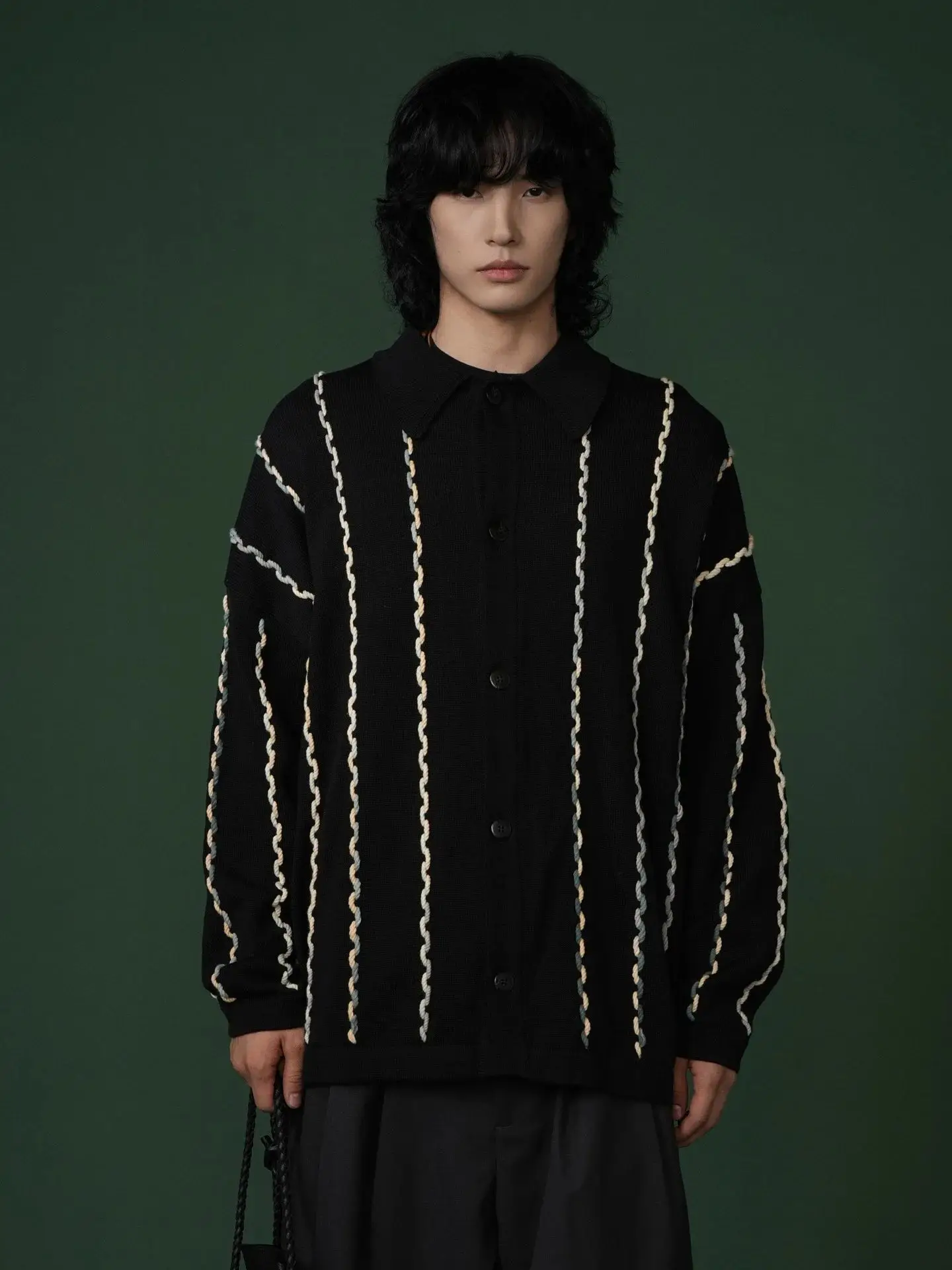 

Black relaxed and loose handknitted sweater cardigan coat for autumn and winter new style Korean version casual knitted clothing