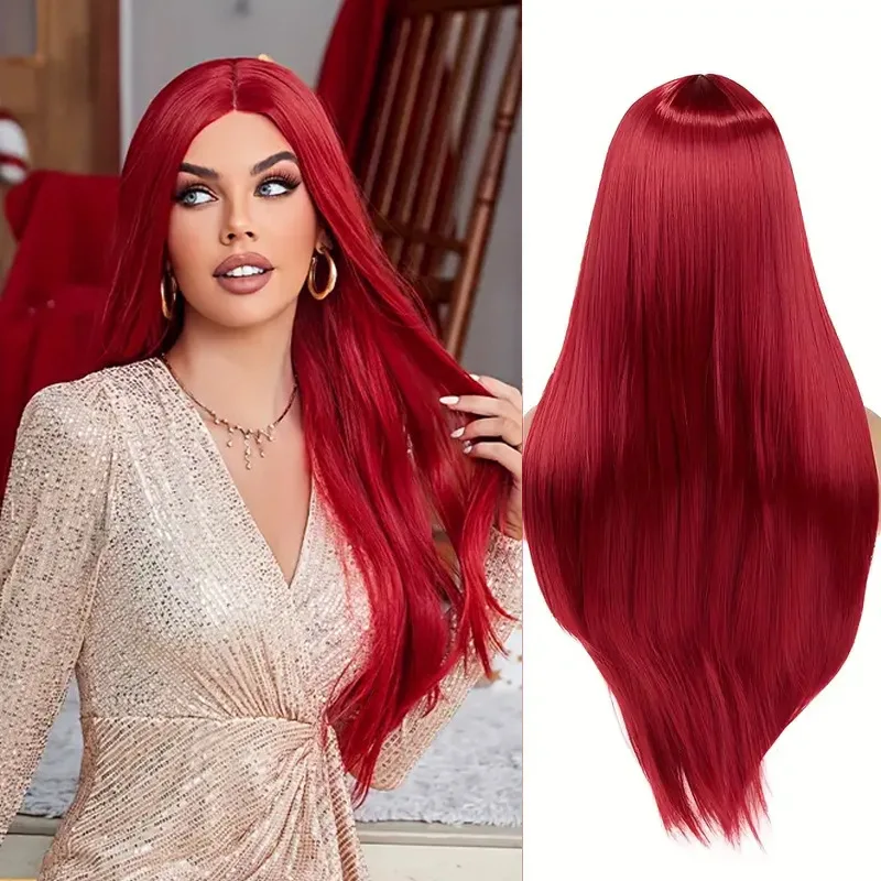 26-Inch Natural Fashion Red syntheti Wig Long Straight Hair Style High-Temperature Fiber Material Dyed Women cosplay Head Cover