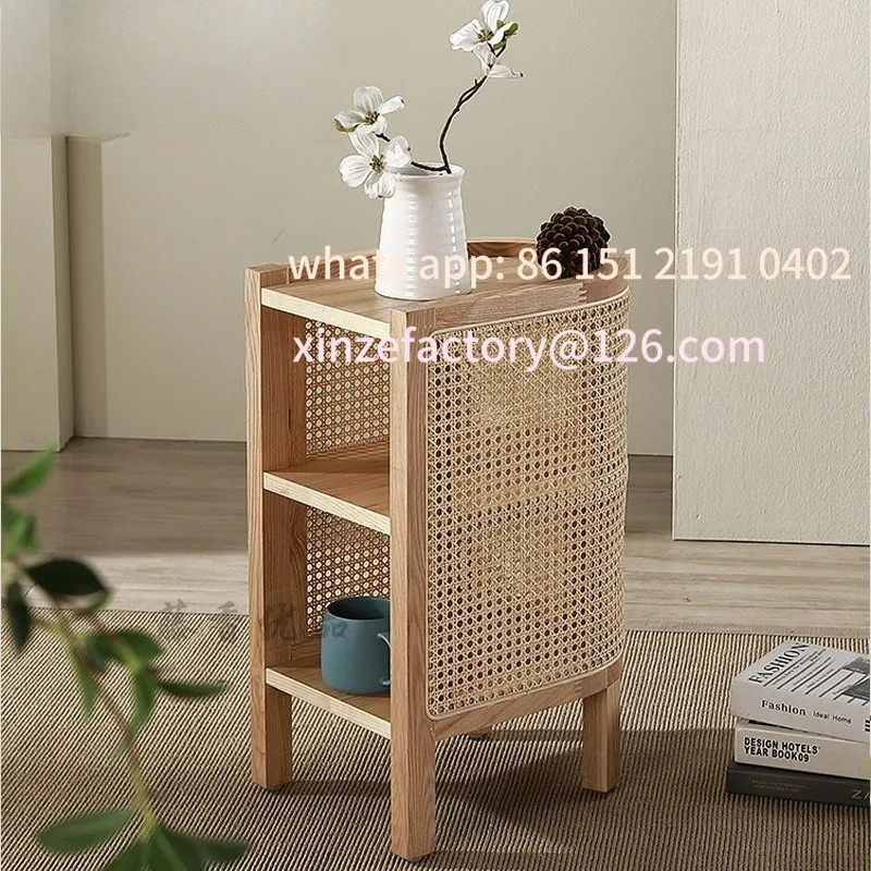 

Customizable Solid Wood Rattan Bedside Table, Japanese Style Storage Small Sideboard Storage Cabinet