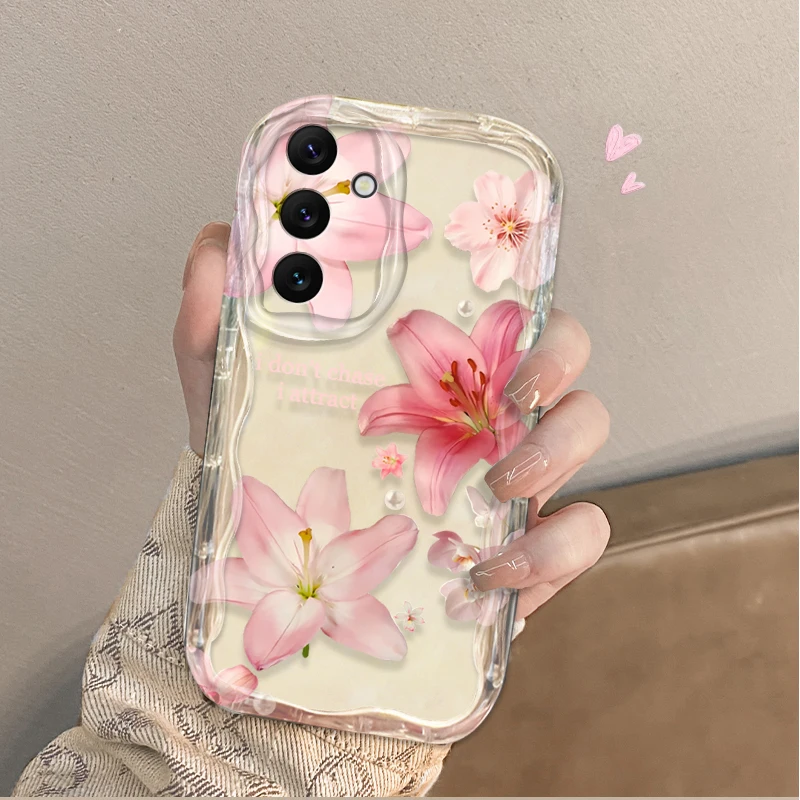 Capa de Telefone com Padrão de Lírios Rosas para Samsung Galaxy A16 A06 A55 A35 A25 A15 A05 A05S A54 A34 A24 A14 A73 A53 A33 A23 A52