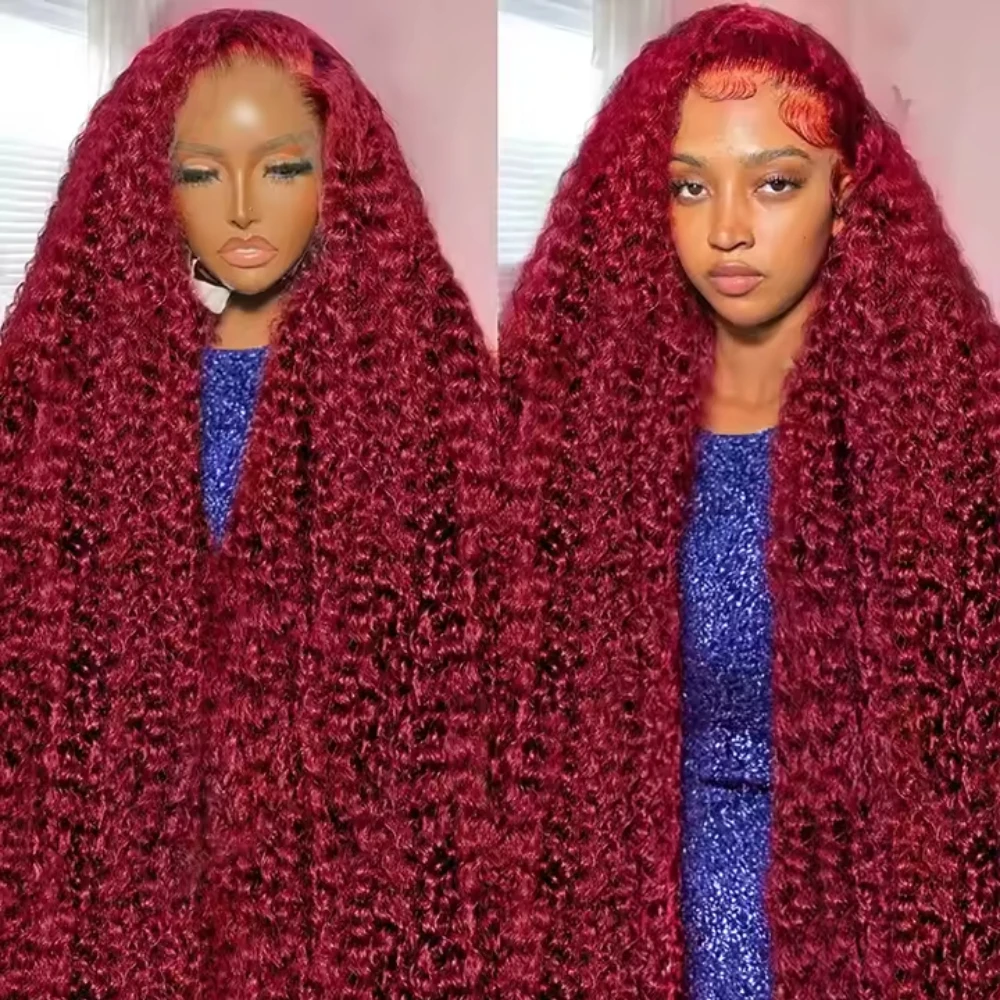 220% Density Deep Wave 99J Burgundy Remy Hair 40 46 Inch Remy Human Hair Wig 13x4 13x6 HD Transparent Lace Frontal Wig Red Wig For Women
