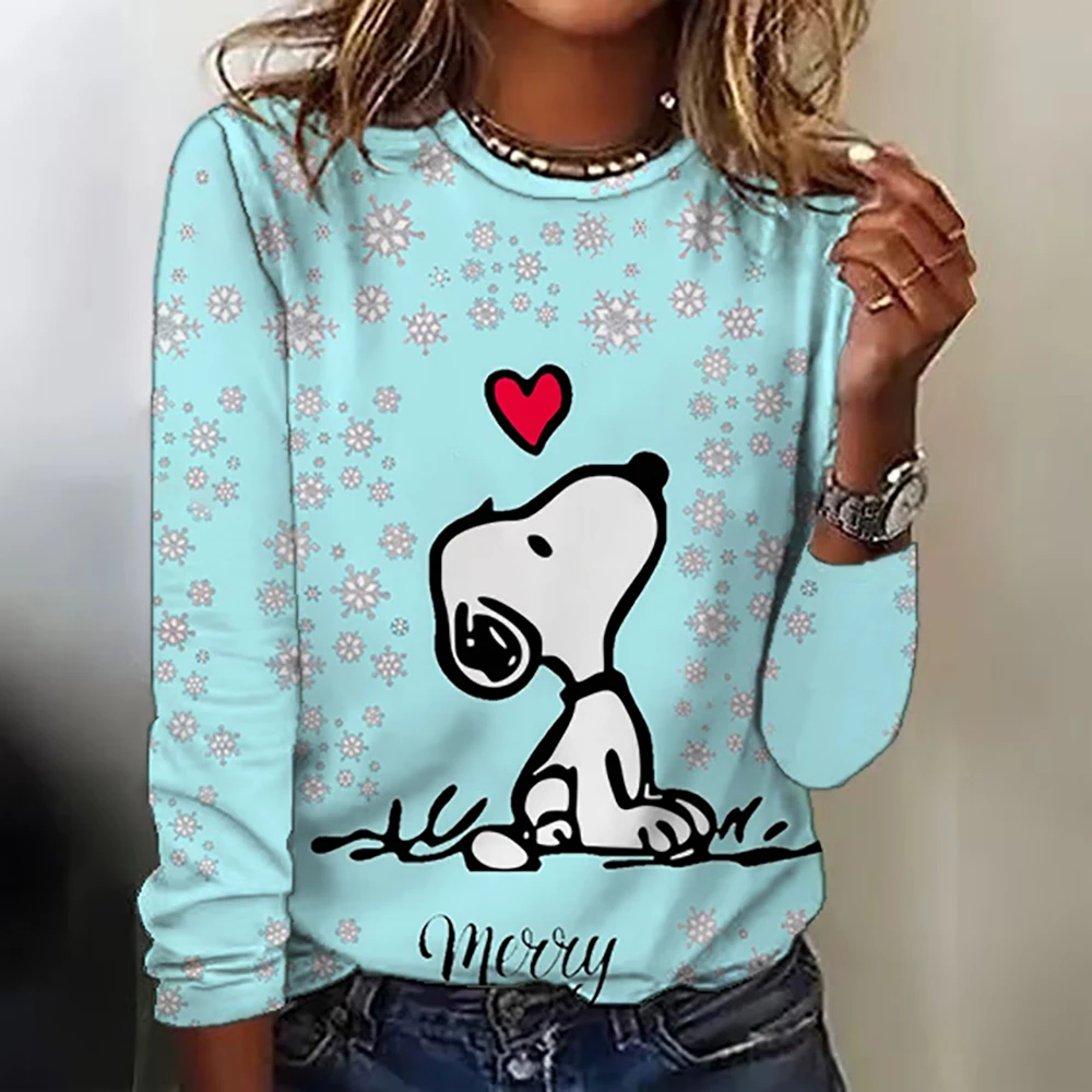 Camiseta com gola redonda com estampa Snoopy, blusa casual de manga comprida para primavera e outono, roupas femininas