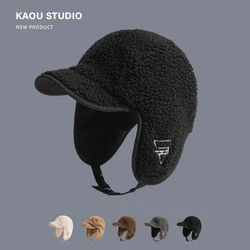 Lamb Wool Warm Ear Protection Lei Feng Hat Men Women Curved Brim Embroidery Fleece Windproof Cycling Face Small Pilot Bomber Hat