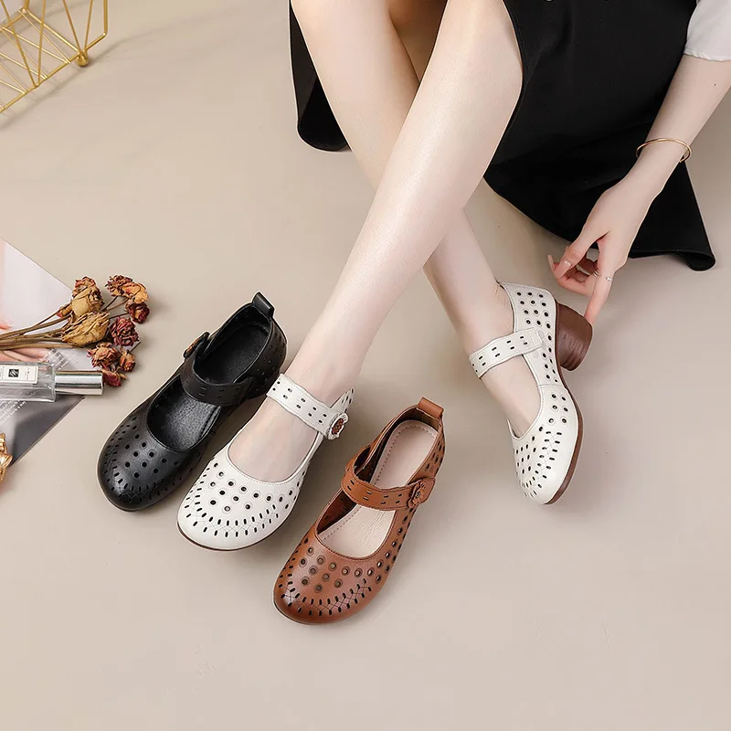 2025 موضة أنيقة جوفاء أحذية من الجلد الطبيعي عالية الكعب الربيع الصيف النساء الصنادل مريحة عدم الانزلاق تنفس