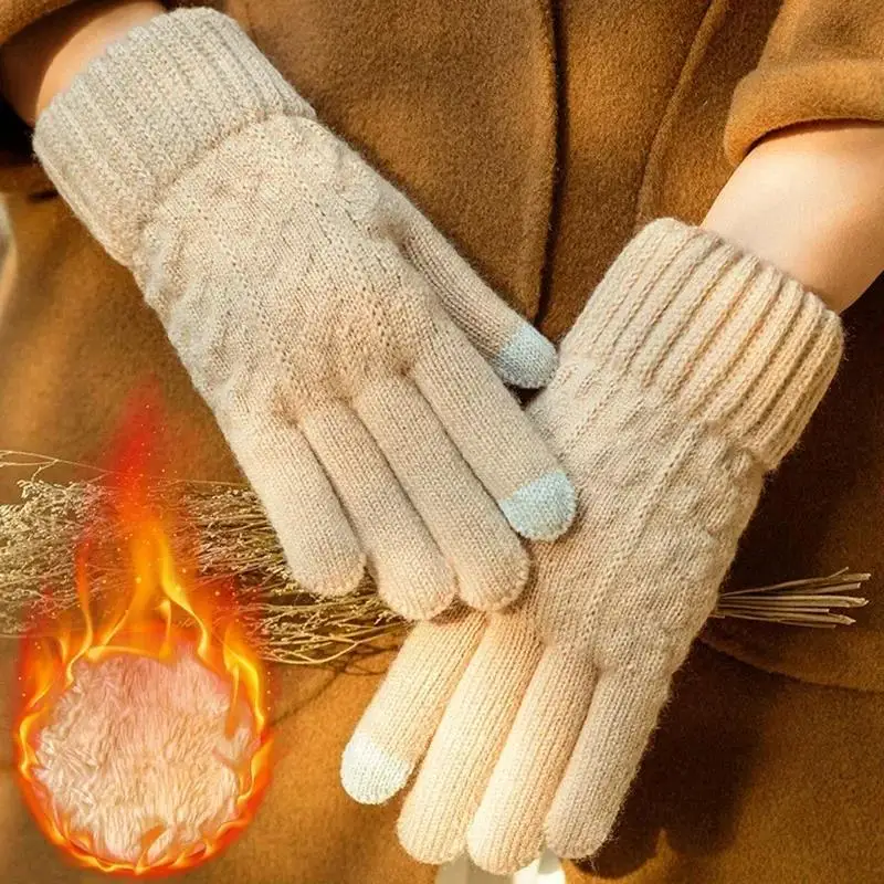 Guantes cálidos con dedos completos para mujer, guantes de invierno con pantalla táctil y forro polar, guantes de lana gruesos tejidos para conducir y ciclismo