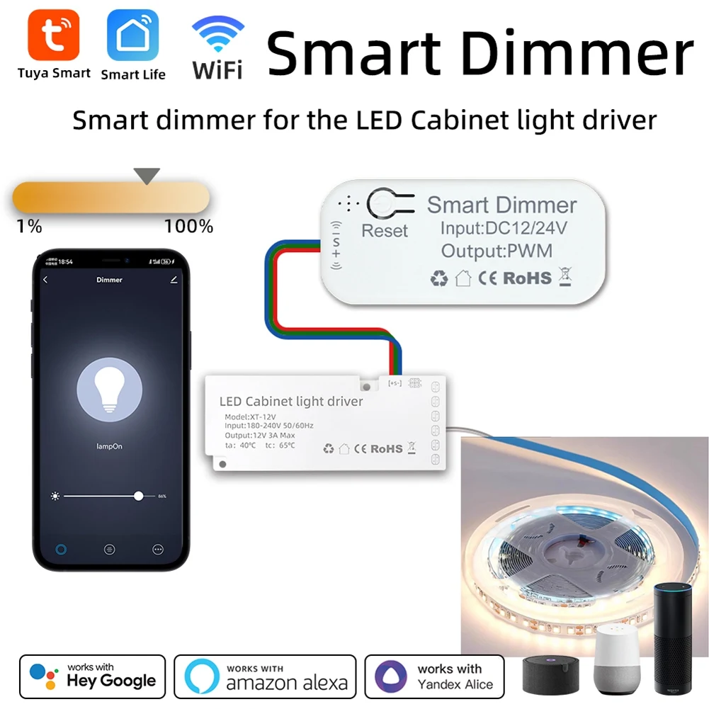 Tuya WiFi Smart Dimmer Timing Switch for LED Cabinet Light Driver Works for Google Home Alexa Alice