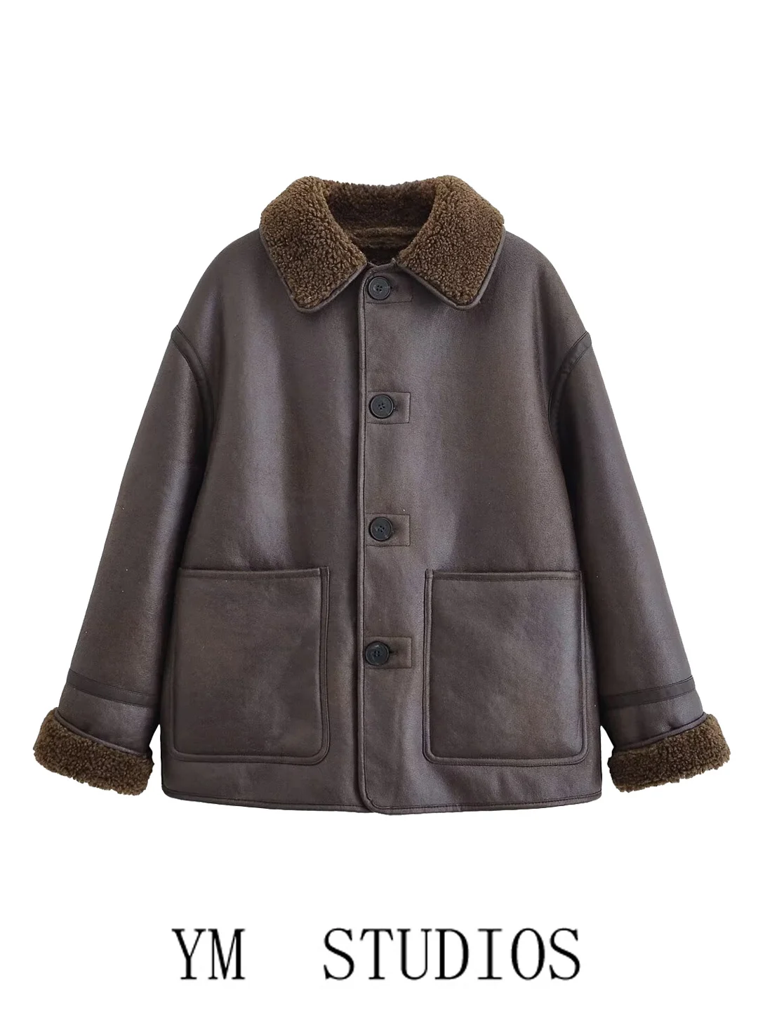 

Женская двусторонняя куртка из меха и кожи свободного кроя с воротником-стойкой, теплая, модная, зимняя, ветрозащитная