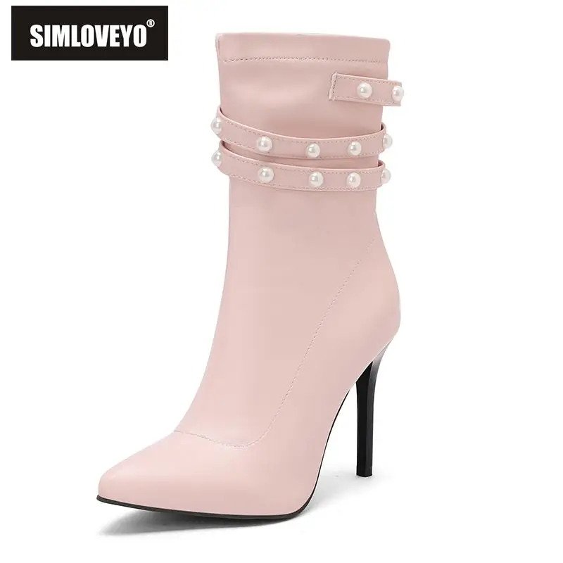 

SIMLOVEYO 2025 New Women's Mid-Calf Boots Pointed Toe 10cm Ultrahigh Heels Zipper String Beads Large Sizes 43-45 Wedding Bota