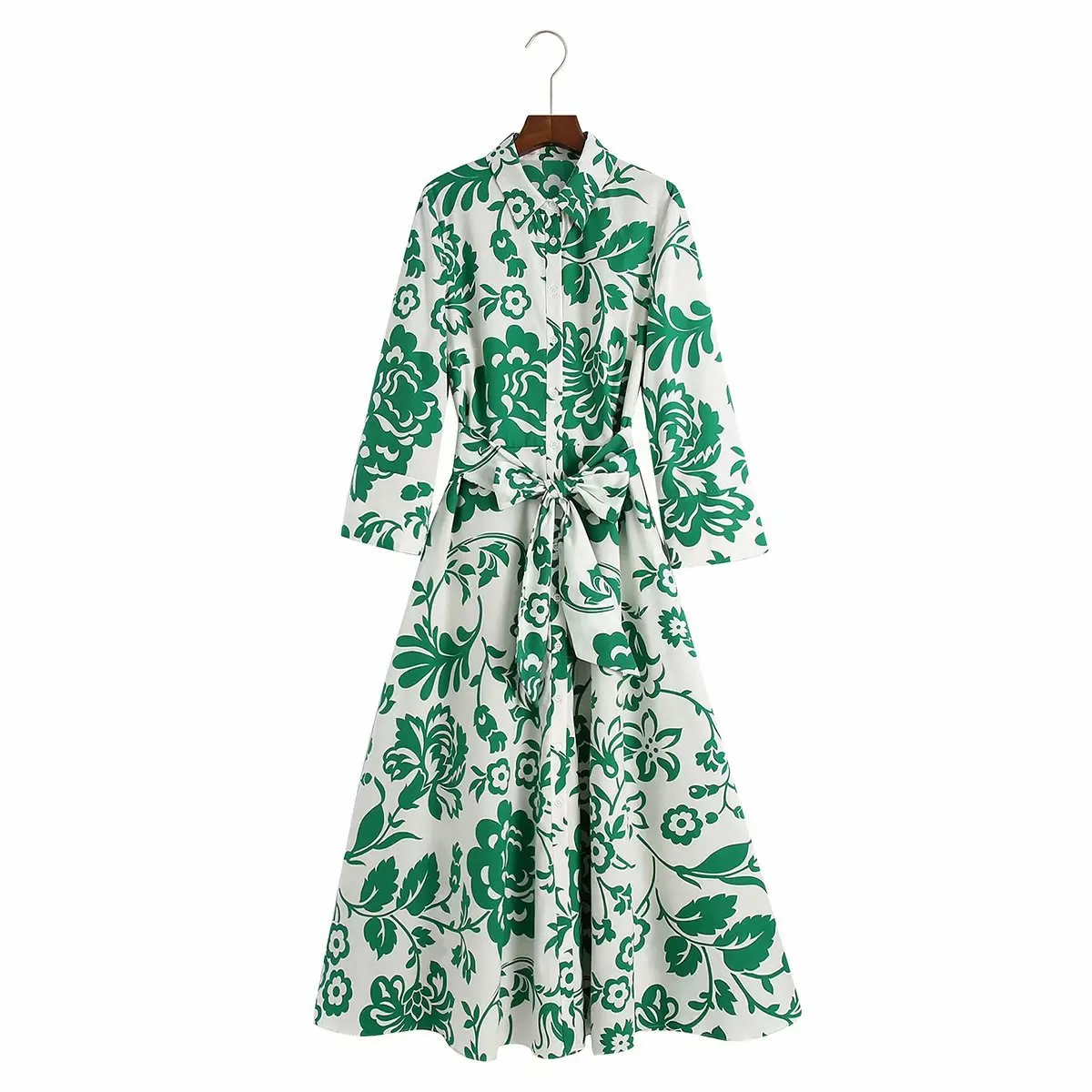 Summer Women's Long Dresses Vintage Totem Floral Print Female Sashes Midi Shirt Dress With Bow Casual Vestidos Para Mujer