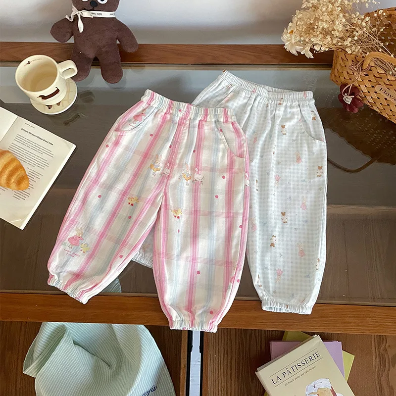 

UNITIM Kids Baby Girls Pant Spring Cartoon Jacquard Newborn Girls Jogger Pant Plaid Elastic Waist Toddler Girls Casual Pant