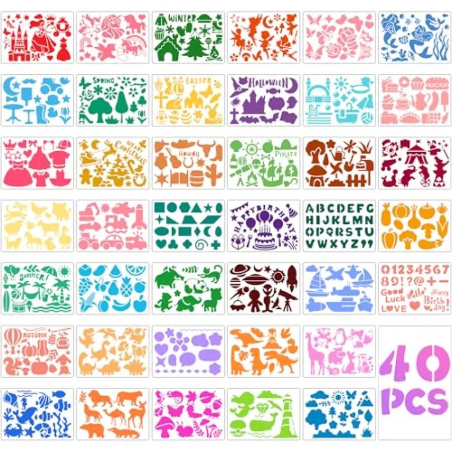 

40 PCS Stencils for Stencils for Painting Crafts Reusable Washable Journal Stencil Primary Shape Template for Paper Scrapbooks