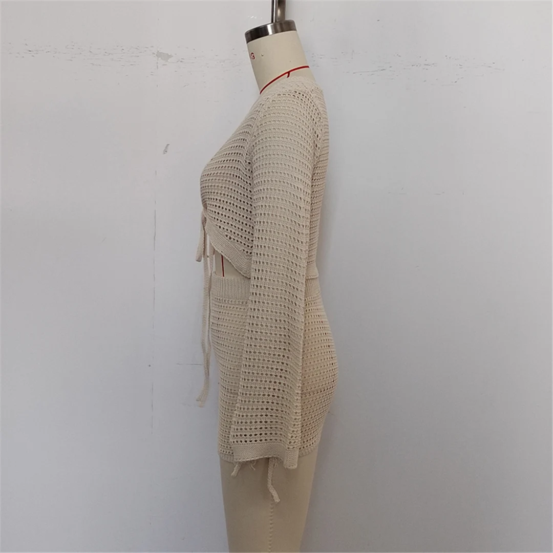 V-Ausschnitt, lange Ärmel, gehäkeltes Strickmuster, zweiteiliger Anzug, Strandkleid, Strandüberwurf, Strandmode, Damen, V6490 – Detail 18