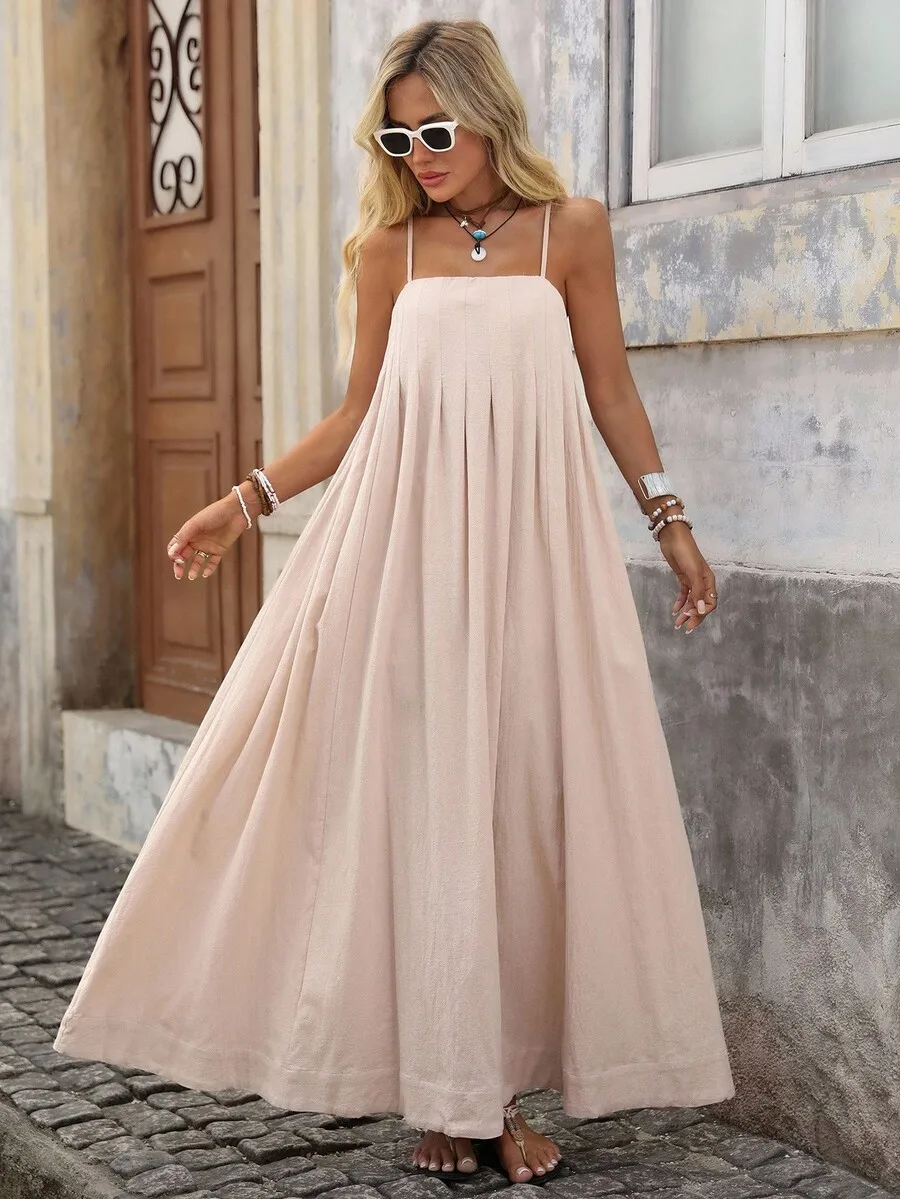 

Однотонное тканое свободное платье макси на тонких бретелях для женщин