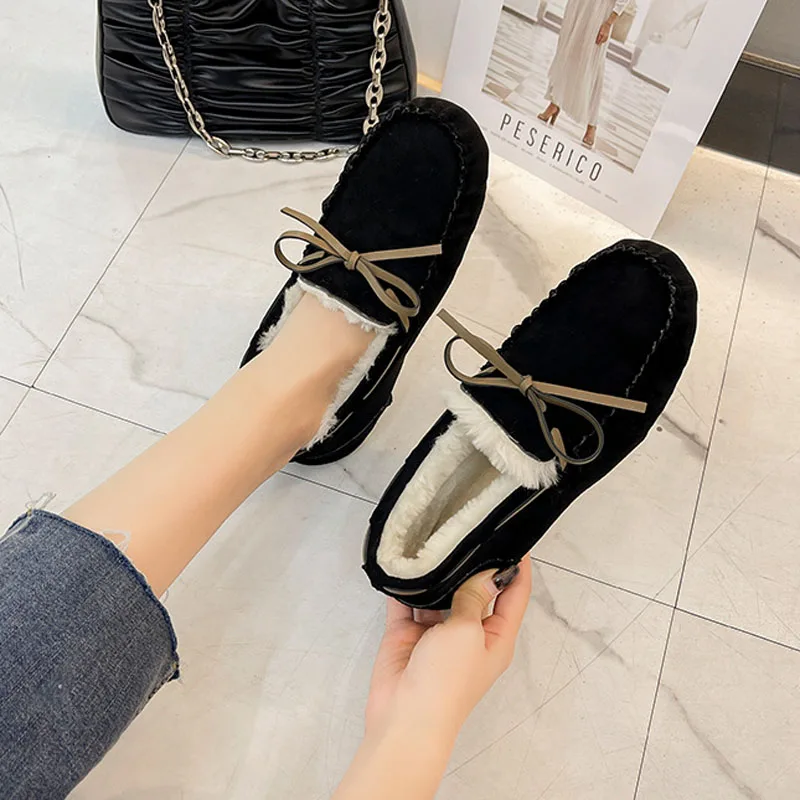 Winter Women Shoes Flat Loafers Warm Plush Inside Slip-On Casual Ladies Shoes Non-Slip Bottom Bowtie Home Slippers Shoes WSH4236