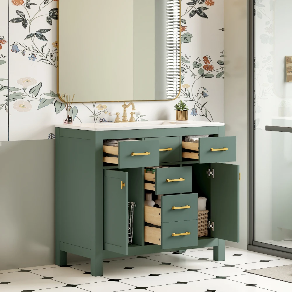 

36'' Bathroom Vanity with Ceramic Sink Combo Set, Modern Freestanding Single Bathroom Cabinet with 4 Drawers & 2 Cabinets