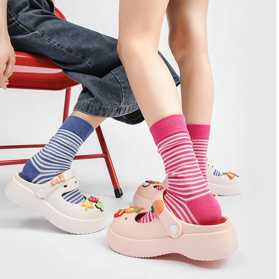 

3pair Girl Fashionable Summer Socks Ins Style Colorful Striped Street Trendy Long Everyday Footwear Preppy Student Mid Tube Sock
