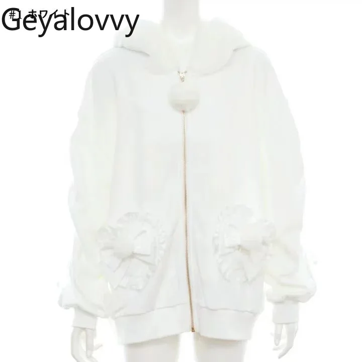 秋の新作 SC ポンポンジッパー無地ジャケット スウィートガールズ 多用途 リボンレース パッチワーク リボンボウ ふわふわフード付きカーディガンコート