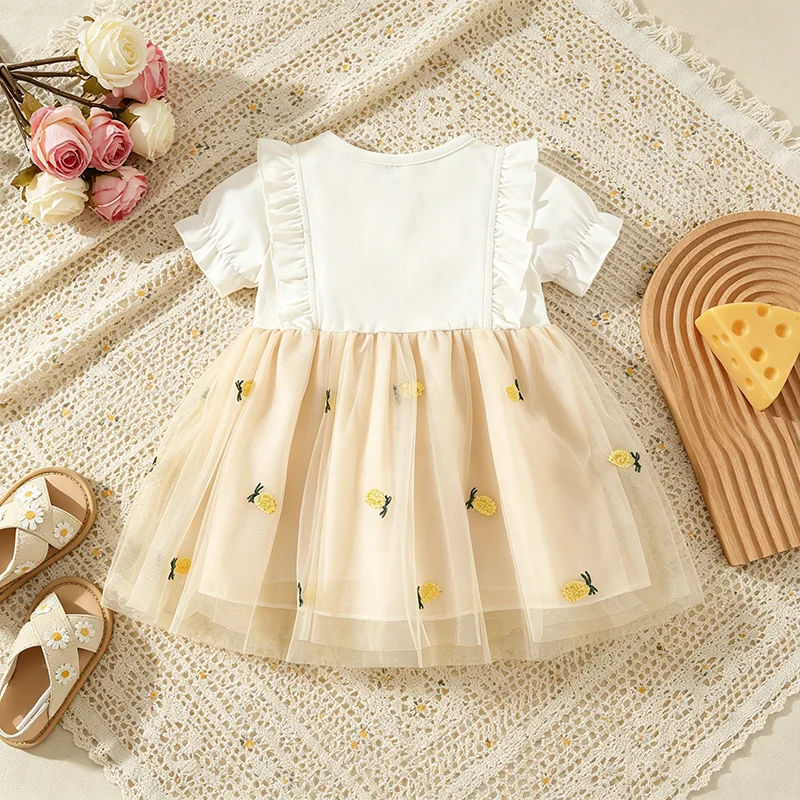 Children Cute Fruit Embroidered Mesh Princess Dress Girls Short Puff Sleeve Large Bow Clothing Summer Baby Kids Party Costume