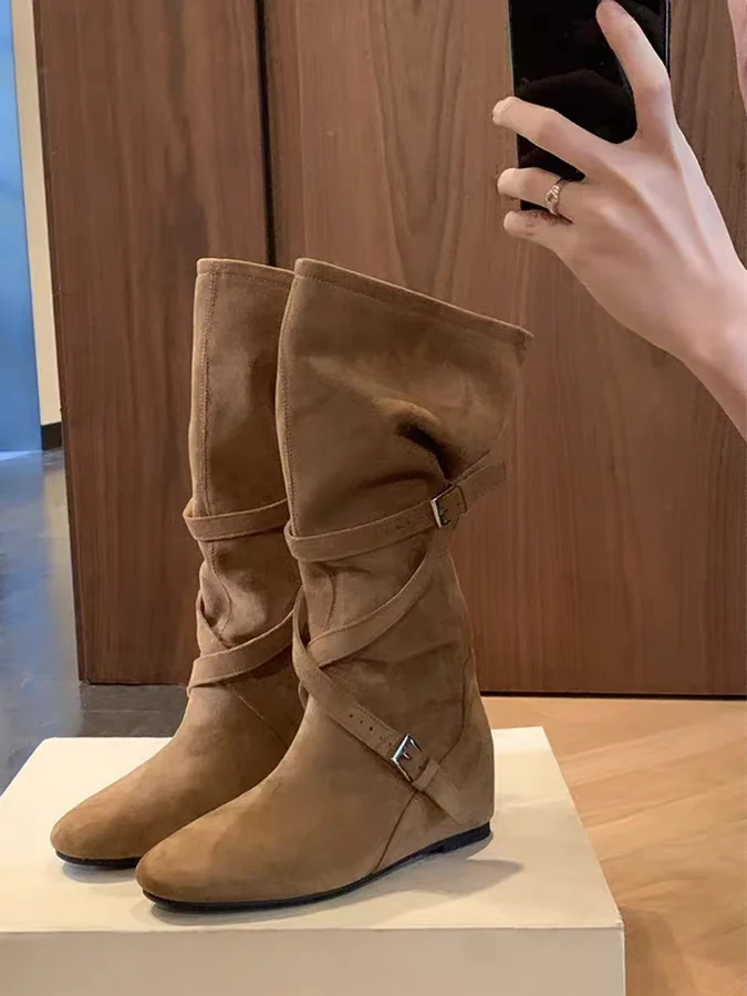 

Женские высокие сапоги в стиле ретро с круглым носком, длинные ботинки-трубы длиной 6 см, осень-зима, тонкие плоские сапоги в стиле вестерн, высокие рыцарские сапоги-трубы...