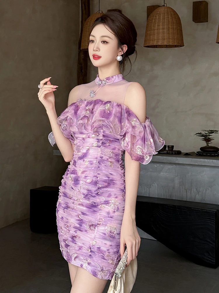 Qipao Mesh Floral Embroidery Short Cheongsam Dress Women Sexy Sheer Off Shoulder Bodycon Folds Gown Party Prom Vestidos Fiesta