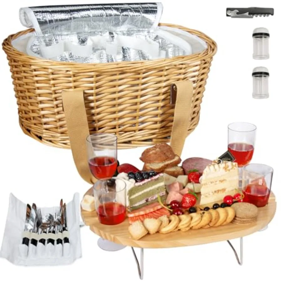 

Wicker picnic basket set for 4: natural rattan, beige, includes folding wine table, insulated cooler bag, cutlery kits ideal fo