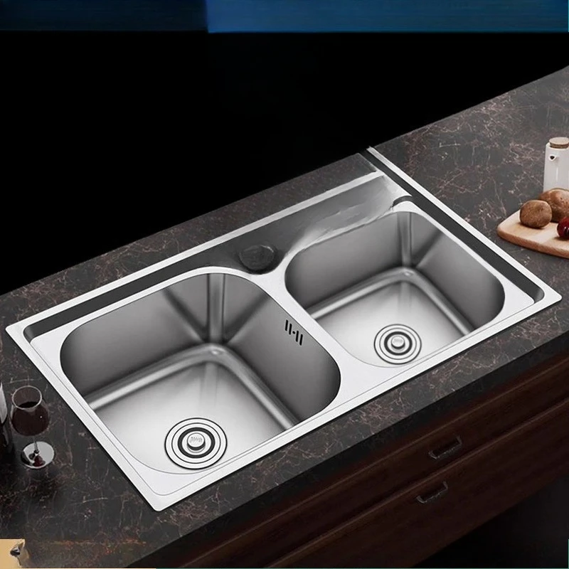small double sink SUS304 stainless steel sink dishwashing basin thickened brushed left and right basin large double basin set