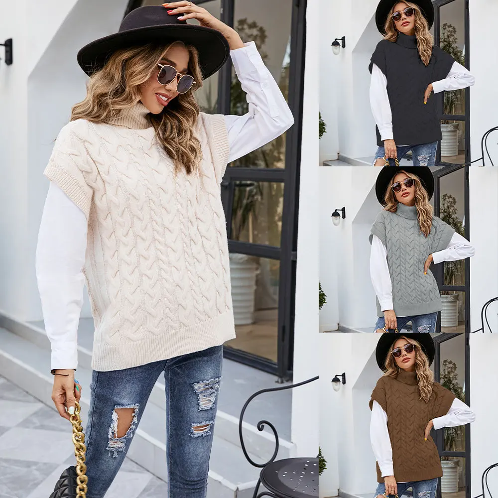 

Autumn and winter high collar twist sleeveless outer knit sweater women cross-border women's pullover sweater women