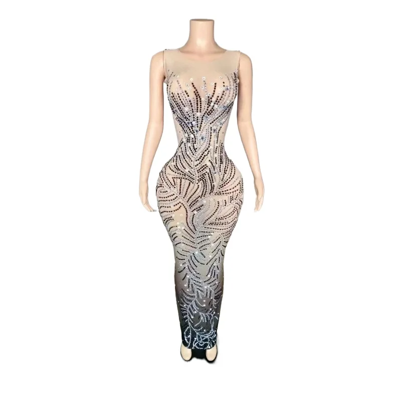 

Sparkly Rhinestone Performance Dress Sexy Halter Backless Mesh See Through Women Prom Dress for Stage Wear