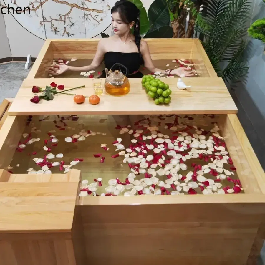 x1-Bathroom Hinoki Wood Bathtub Soaking Square Tub Bathing Shower