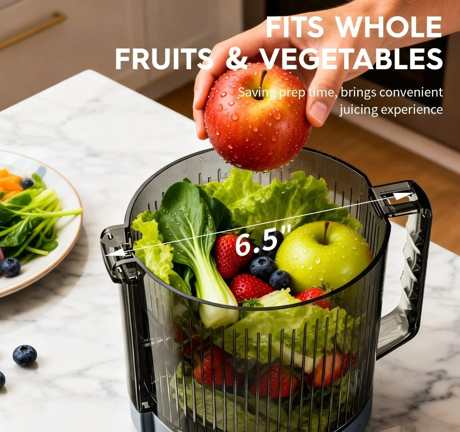 Cold Press Juicer Machine with 6.5-Inch Wide Feed Chute, No-Mesh, Easy-Clean Design