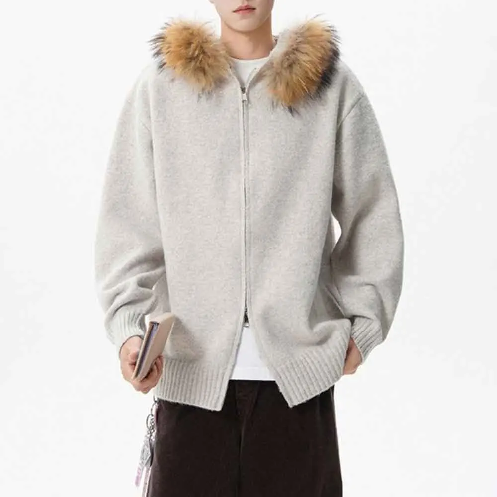 Mens Autumn Sweater Double Zipper Detachable Fur Collar Hooded Casual Knitwear Genderless Couple'S Versatile Comfort Top Unisex