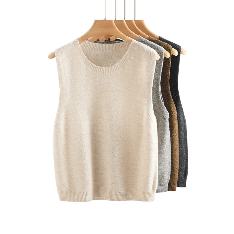 

Шерстяной бесшовный вязаный жилет с круглым вырезом, женский модный многослойный универсальный осенний жилет без рукавов