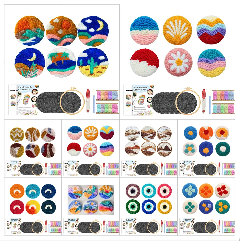 

Punch Needle Coasters Kit Variety Scenery Floral Patterns DIY Embroidery Tufting Coaster Starter Set Diy Crafts for Table Decor